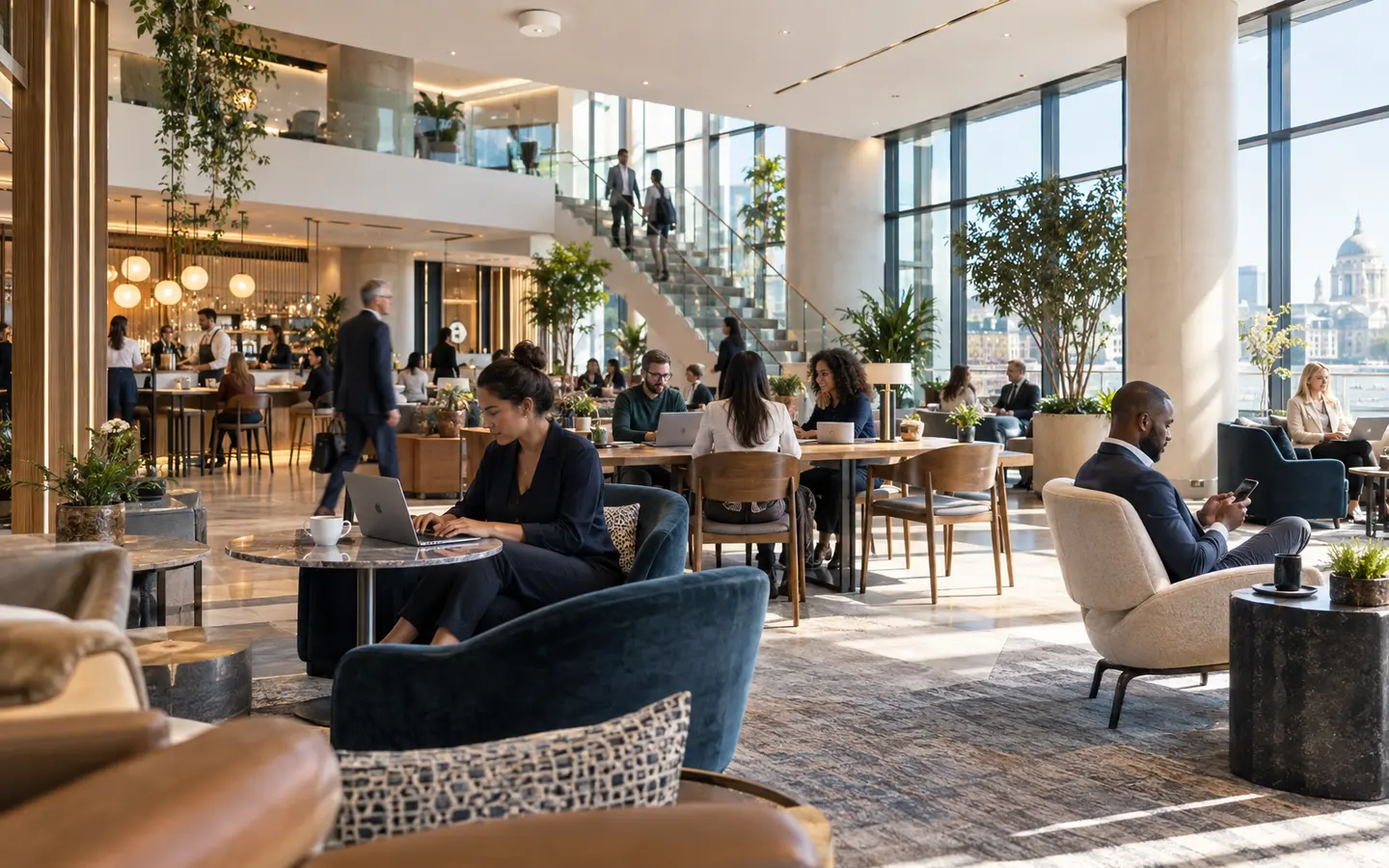 People working and meeting in a busy connected hospitality venue