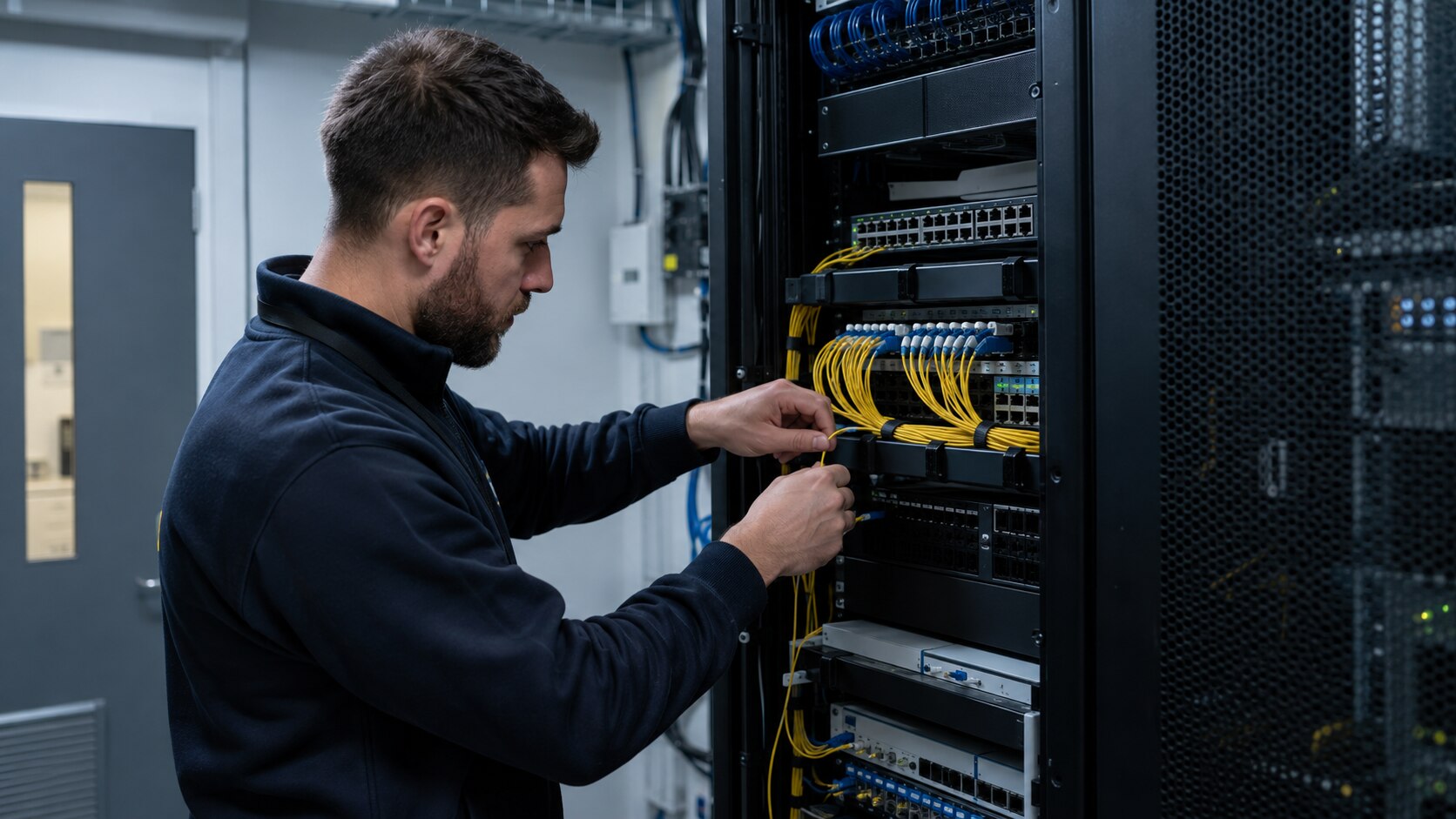 Engineer working on business network infrastructure